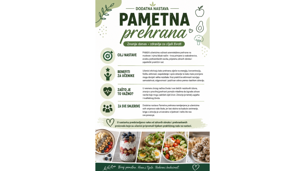 Tijekom školske godine dodatna nastava Pametna prehrana pokazala je koliko znanje o pravilnoj prehrani može biti korisno, zanimljivo i primjenjivo u svakodnevnom životu mladih.